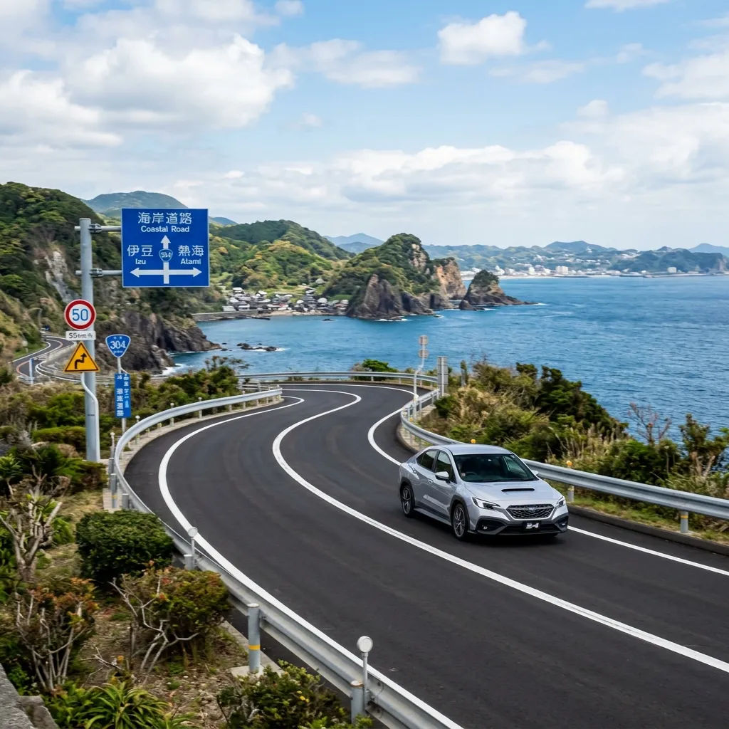 Winding coastal road in Japan — classic campervan touring scenery