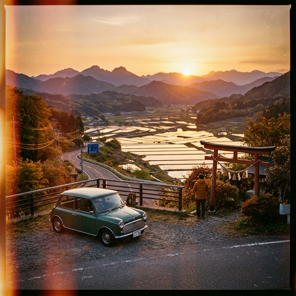 European car at sunset overlook with rice paddies in Japan