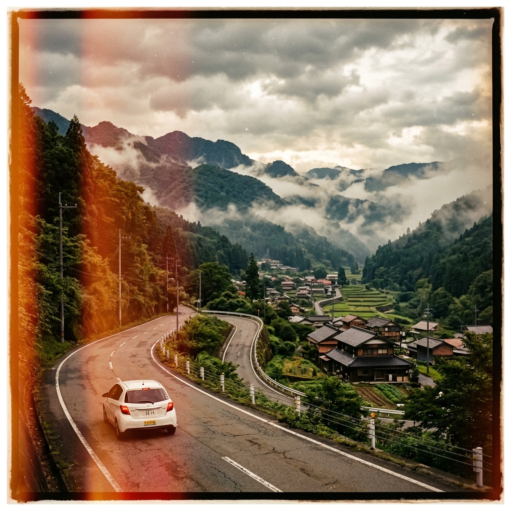 Scenic mountain road in Japan with a rental car