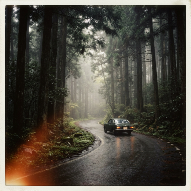Misty forest road in Japan