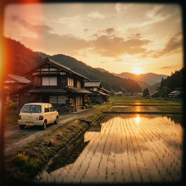 Japanese village with car at golden hour