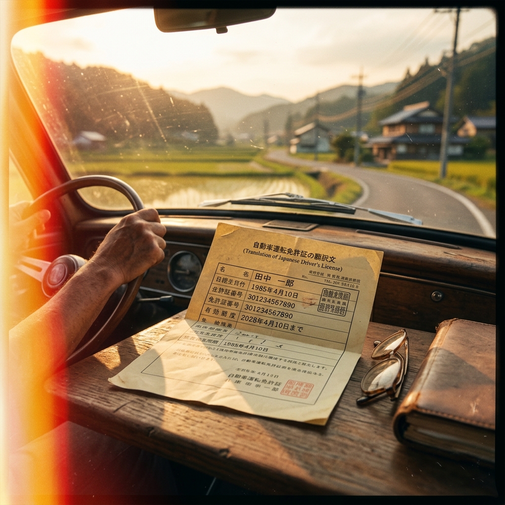 JAF translation document on car dashboard in Japanese countryside