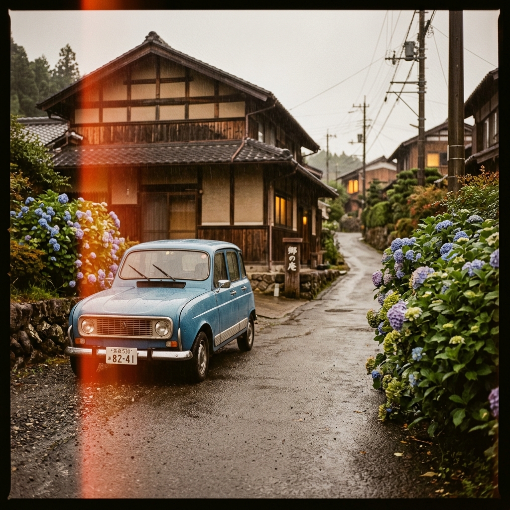 Blue car parked beside hydrangeas in Japanese village